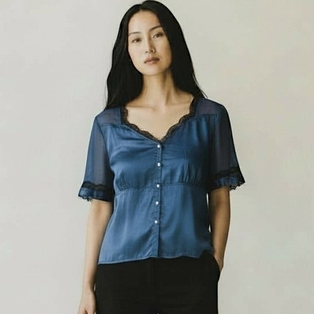 Y2K Satin Babydoll Blouse Blue Sz M Button Up Career Office Black Lace‎